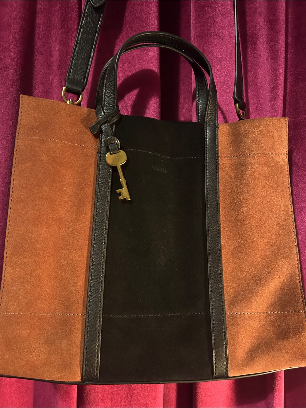 Fossil Black Center Panel with Brown Suede Side Messenger Tote